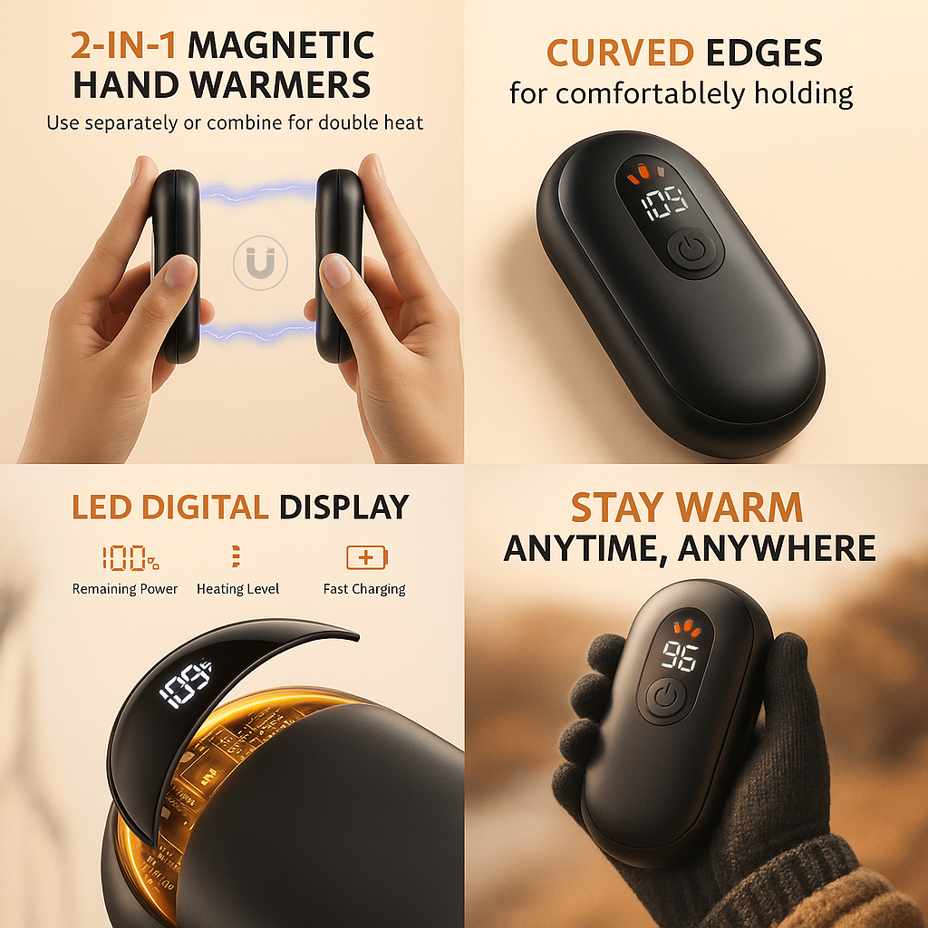 2-in-1 Rechargeable Hand Warmer & Power Bank (8–12hr Battery) – UK Winter Heat Solution